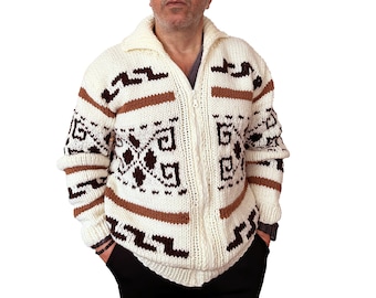 Cream Big Lebowski Cardigan Dude style sweater Hand Knit Wool Cowichan Style Men's Zip Sweater