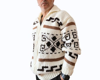 Pull crème style mec en laine tricoté à la main, style cowichan, pull zippé pour hommes grand cardigan Lebowski