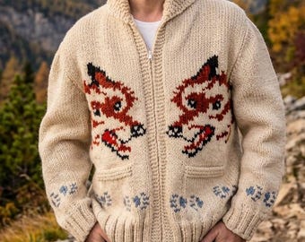 Suéter de lana tejido a mano con cremallera, inspirado en el cárdigan Fox y el Hail Mary Wolf.