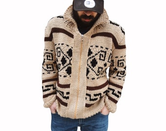 Big Lebowski Cardigan Dude style sweater hand knit wool Cowichan style men's zip sweater