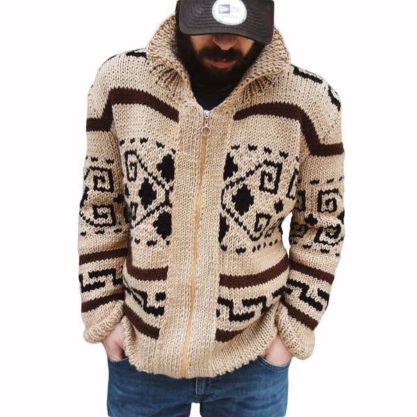 Big Lebowski Cardigan Dude style sweater hand knit wool men's zip sweater