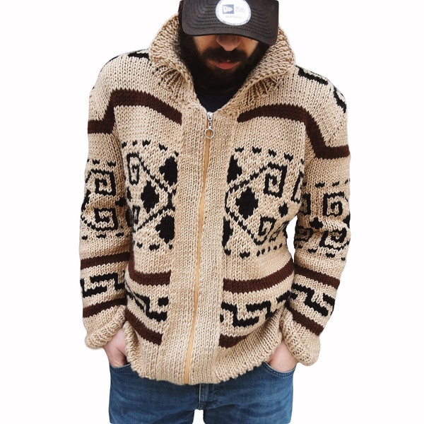 Cardigan Big Lebowski Pull zippé pour hommes en laine tricoté à la main