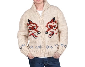 Wolf Cardigan: Inspired Mary Maxim Canadian Style Sweater hand knit wool men's zip sweater
