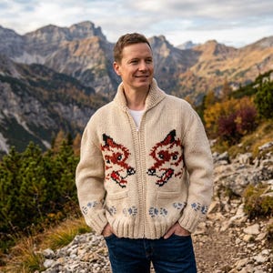 Könnte beinhalten: Cremefarbener Reißverschluss-Pullover mit Schalkragen und zwei Vordertaschen. Der Pullover hat ein rot-schwarzes Fuchsmotiv auf der Vorderseite und blaue Pfotenabdrücke am unteren Rand. Der Hintergrund zeigt eine Bergkette.