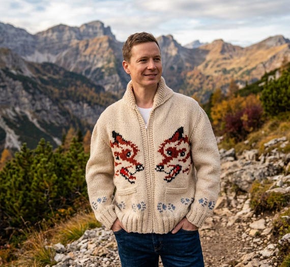 Fox Cardigan Inspired Hail Mary Canadian Style Sweater hand knit wool men's zip sweater