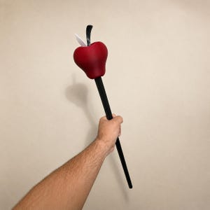 May include: A long, slender black rod topped with a smooth, matte red apple-shaped ornament. The apple features a small, pointed white leaf and a curved black stem extending from the top, creating a distinct, stylized decorative staff.
