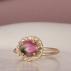 Bi-Color Tourmaline 14k Gold Diamond Ring/Handmade Fine Jewelry/Natural Gemstone Ring/Gift for Her