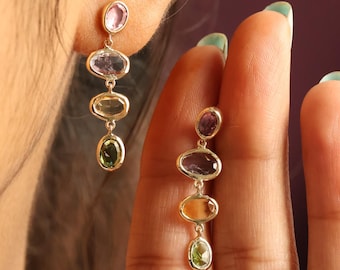 Multi-Color Tourmaline Gold Drop Earrings – Handmade Gemstone Jewelry