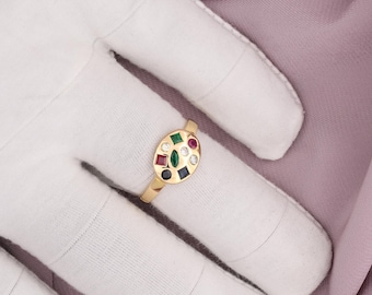 Multi-Stone Ring: Ruby, Emerald, Sapphire & Diamond - Handmade Gold Ring - Natural Gemstones Jewelry