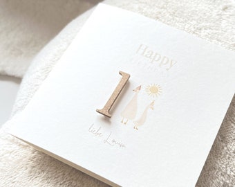 Personalizable 1st birthday card | Card with name and number | Birthday card with little party ducks