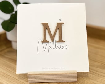 Congratulations card for the birth of a child | Personalized baby card | Boy | Card with name | Letter M | Wood