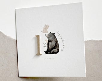 Tarjeta de felicitación de cumpleaños personalizada | Tarjeta con nombre y número | Tarjeta para cumpleaños de 1.º a 9.º | Oso | Paloma