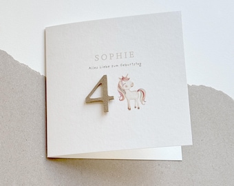 Tarjeta de cumpleaños personalizable | Tarjeta con nombre y número | Tarjeta para cumpleaños del 1.º al 9.º | Unicornio