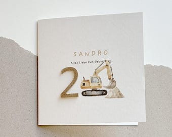 Personalizable birthday card | Card with name and number | Card for 1st - 9th birthdays | Construction site | Excavator