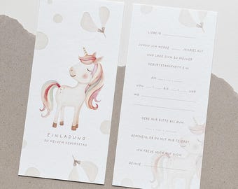Invitación de cumpleaños infantil I Tarjetas de invitación I Invitación de cumpleaños I Set de 5 I Set de 10 I Niño I Niña I Unicornio