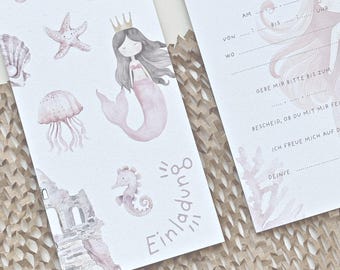 Invitación de cumpleaños infantil I Sirena I Tarjetas de invitación para niñas I Fiesta de cumpleaños I Set de 5 - 20 I Incluye sobre opcional
