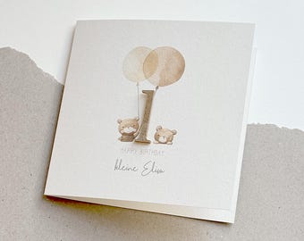 Tarjeta de primer cumpleaños personalizable | Tarjeta con nombre y número | Tarjeta de cumpleaños con oso y globos