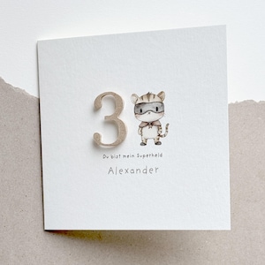 Karte zum Geburtstag I Mutmachkarte I Geburtstagskarte personalisiert I Karte mit Zahl I Glückwunschkarte I Superheld I Katze