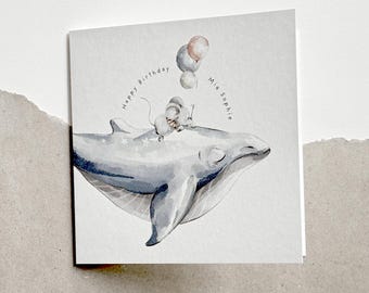 Tarjeta de felicitación de cumpleaños personalizada | Tarjeta con nombre | Tarjeta de cumpleaños infantil | Ballena | Ratón | Globos