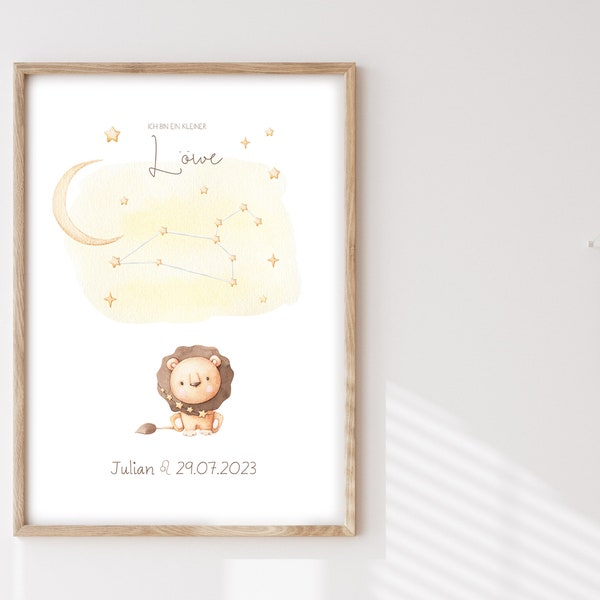 Sternzeichen Sternbild Löwe I Sternzeichen personalisiert I Kinderzimmerbild I Geschenk zur Geburt I Junge I Mädchen