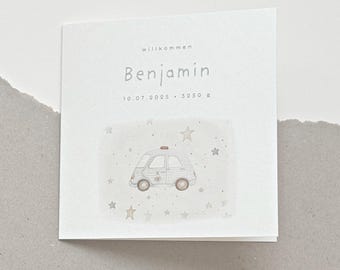tarjeta de felicitaciones personalizada por nacimiento I tarjeta para nacimiento I tarjeta de nacimiento I bebe I coche I estrellas