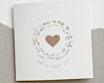 Personalized greeting card for baptism, communion, or confirmation | Baptism card with name | Greeting card | Cork flower wreath and heart