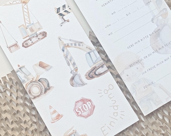 Invitación de cumpleaños infantil I Obra y excavadora I Tarjetas de invitación para niños I Fiesta de cumpleaños I Juego de 5 - 20 I Incluye sobre opcional