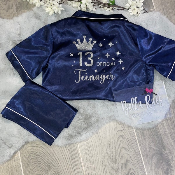 Personalised milestone birthday shirts pjs satin pyjamas sweet 16 18th 21st 30th 40th pink navy fast despatch