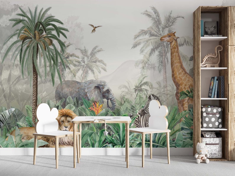 Kids Safari Jungle Animals Wallpaper, Watercolor Tropical Forest Wall ...
