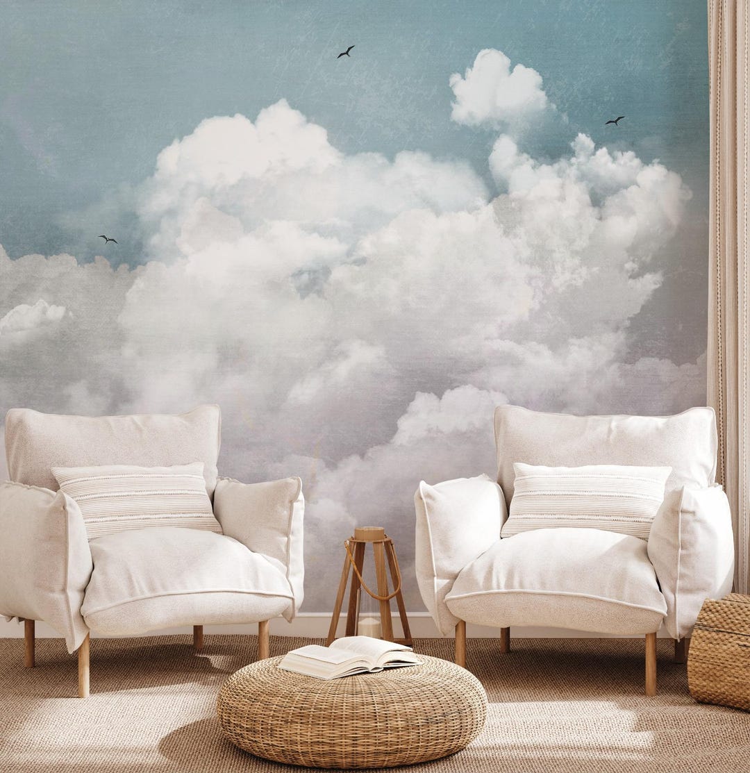 Blue Sky Clouds Wallpaper, Watercolor Peel and Stick Wall Mural - Etsy