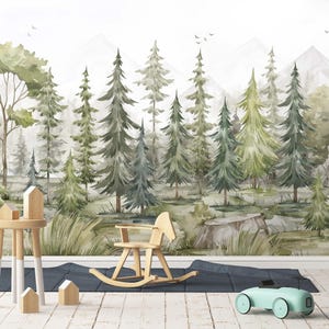 Watercolor Forest Wallpaper, Removable Wall Mural, Foggy Pine Tree Forest, Air Hot Baloons Wall Mural, Peel and Stick Wallpaper