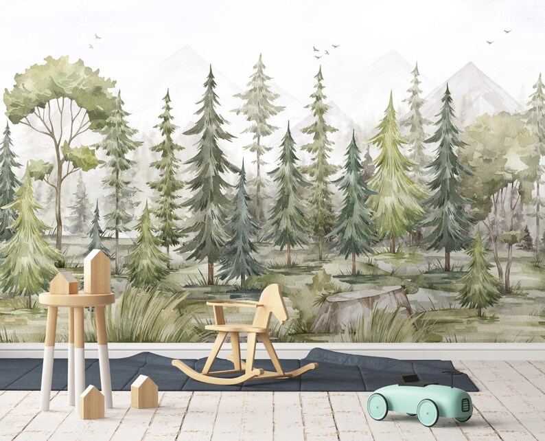 Rocking Background Tree Watercolor Pine Tree Forest Wallpaper: Removable Wall Mural - Etsy