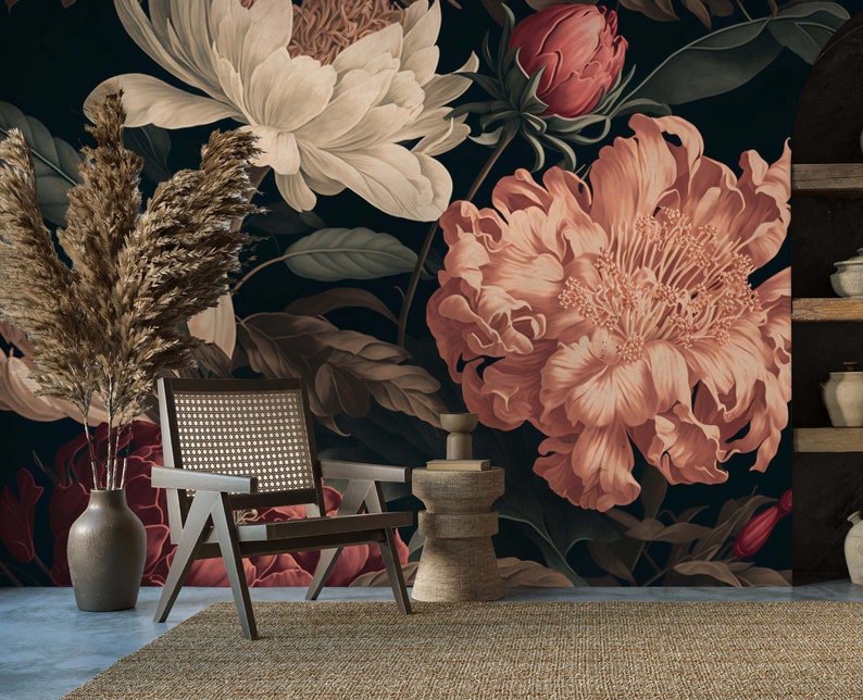 Dark Floral Wallpaper, Vintage Wall Mural, Flower Wall Mural, Floral ...
