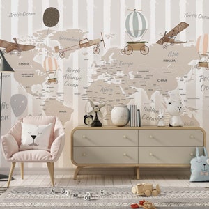 Kinder Wallpaper, Weltkarte, Heißluftballons, abnehmbares Wandbild, Retro-Flugzeuge Kinder Wallpaper, Kinderzimmer Wandbild, schälen und aufkleben
