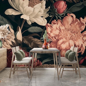 Dark Floral Wallpaper, Vintage Wall Mural, Flower Wall Mural, Floral Peel and Stick Wallpaper,Peony Flower, Removable image 5