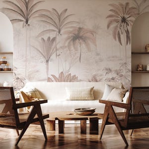 Tropical Forest Wallpaper: Beige Banana Trees Mural (Peel and Stick)