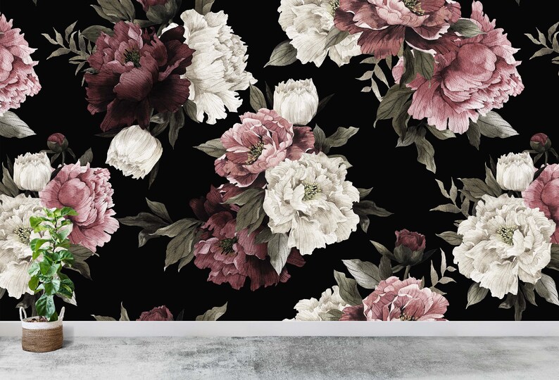 Peony Floral Wallpaper Mural, Watercolor Blossoms, Black Background ...