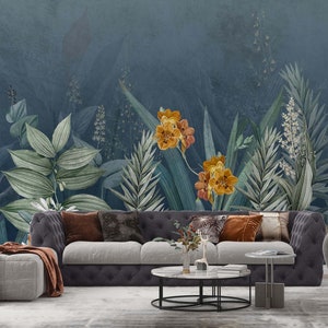 Vintage Botanical Floral Wallpaper, Stylish Navy Blue Backraund Wall ...