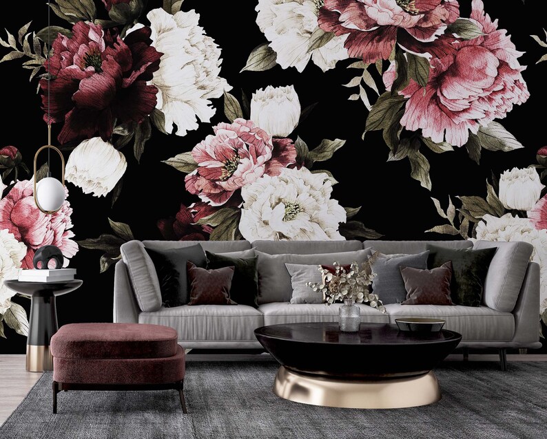 Peony Floral Wallpaper Mural, Watercolor Blossoms, Black Background ...