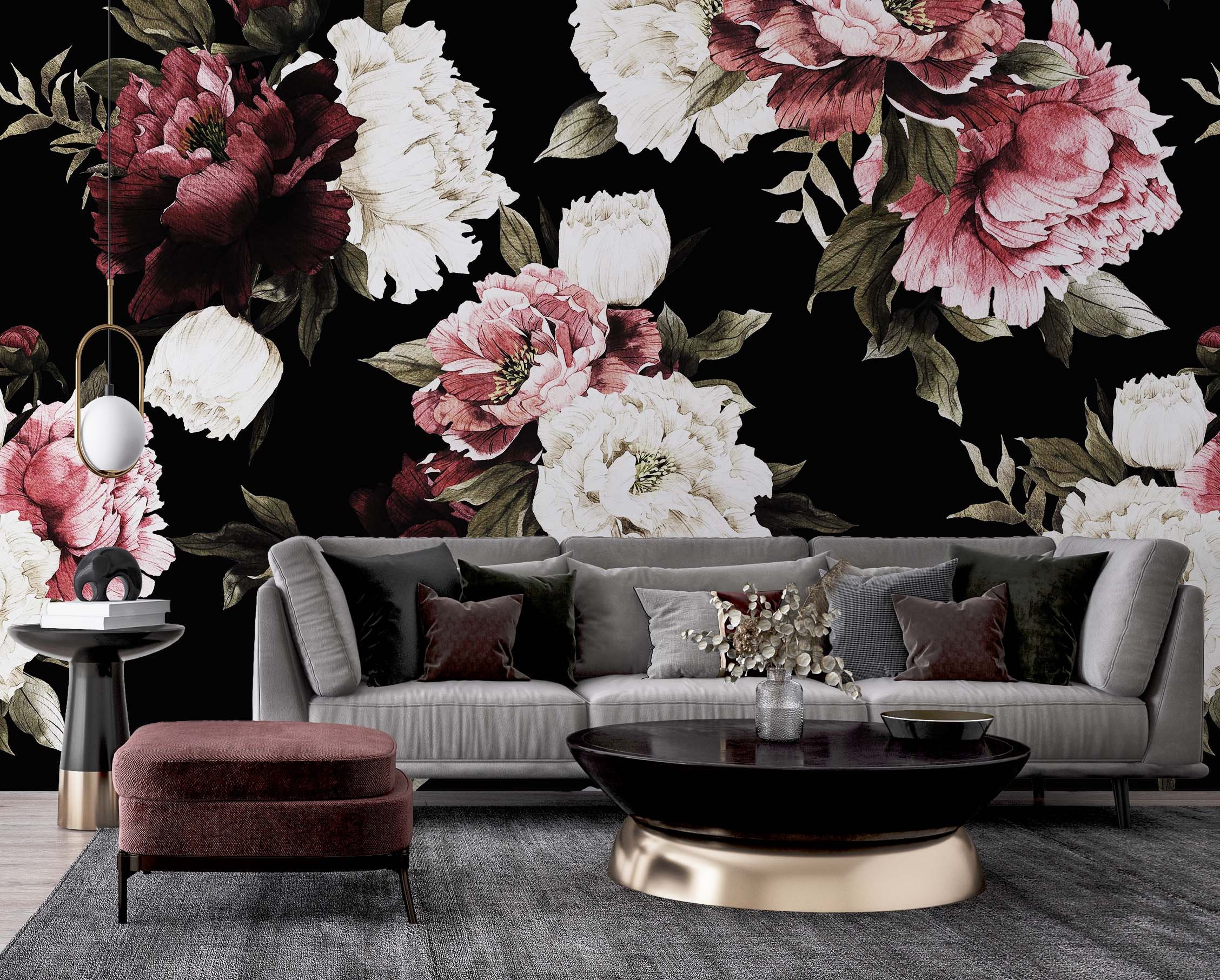 Peony Floral Wallpaper Mural, Watercolor Blossoms, Black Background ...