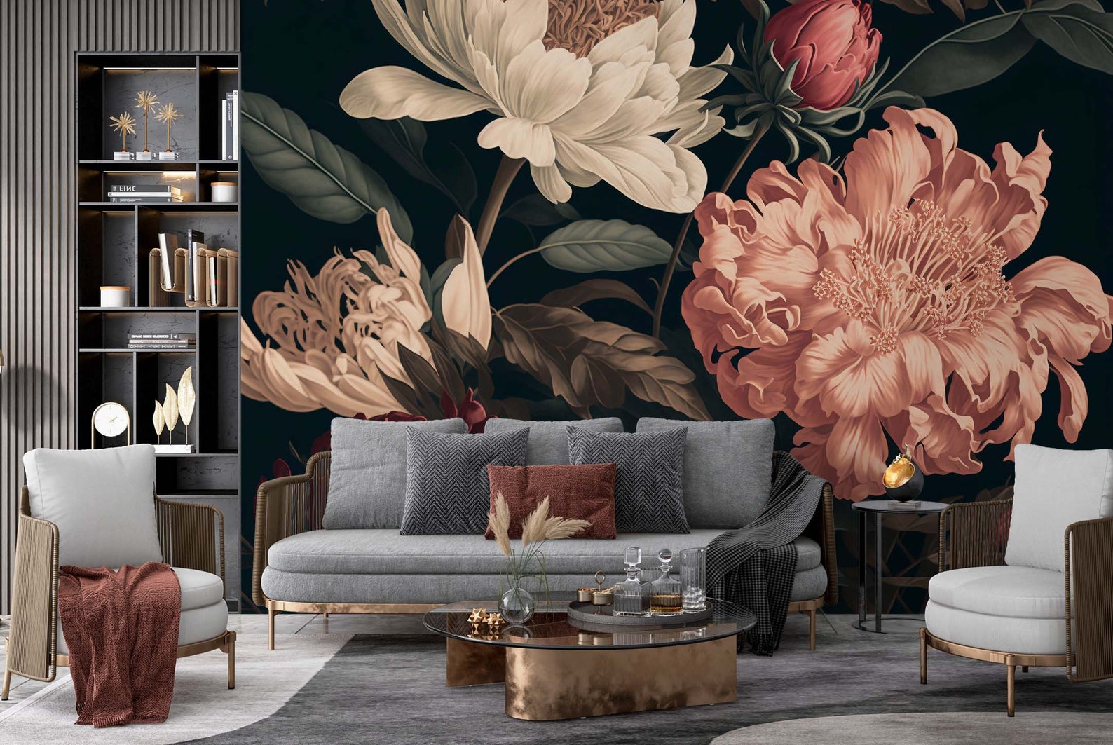 Dark Floral Wallpaper, Vintage Wall Mural, Flower Wall Mural, Floral ...