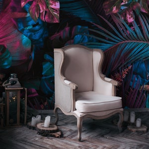 Carta da parati con foglie tropicali, murale con foglie rosa esotiche, stacca e incolla, carta da parati tropicale scura, decorazione murale elegante della giungla