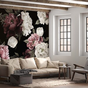 Peony Floral Wallpaper Mural, Watercolor Blossoms, Black Background ...