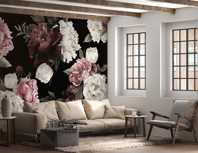 Peony Floral Wallpaper Mural, Watercolor Blossoms, Black Background ...