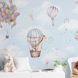 Flying Animals Kids Wallpaper, Hot Air Balloon ,Nursery Room Wall Mural, Kids Playroom Giraffe Wall Decor,Blue Sky,Removable Wallpaper