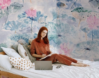 Mural de pared de flor de loto: papel pintado autoadhesivo de colores suaves