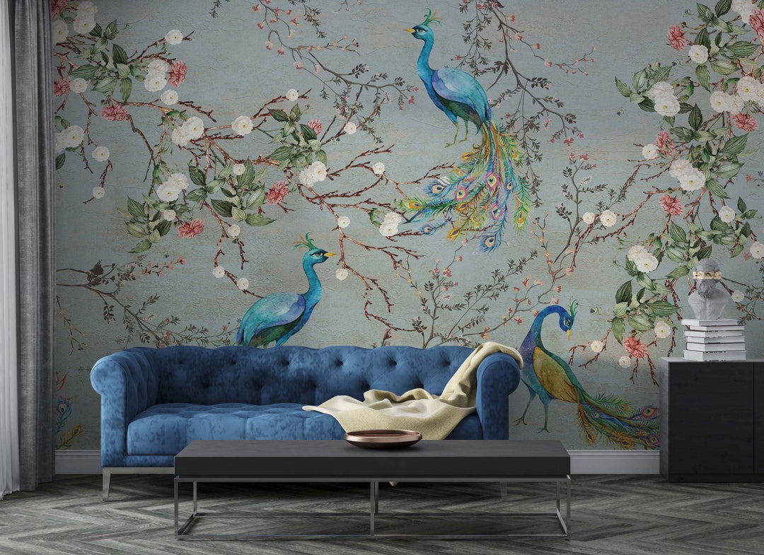 Peacock Detailed, Vintage Style,floral Design Wall Mural, Floral Trail