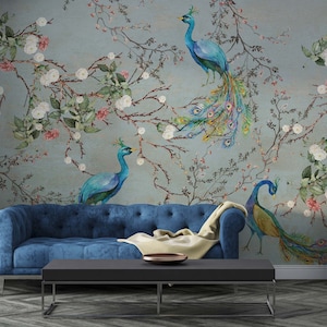 Peacock Detailed, Vintage Style,Floral Design Wall Mural, Floral Trail on Blue Backraund Wallpaper,Peacock Wallpaper