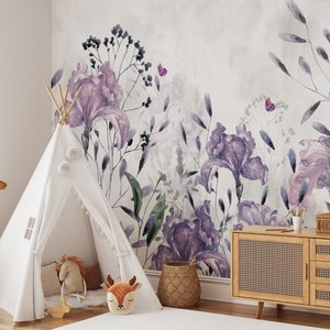 Wild Floral Wallpaper, Watercolor Liliies Flower Wallpaper, Soft Botanical Field Floral Wall Mural,Kids Wallpaper, Peel and Stick