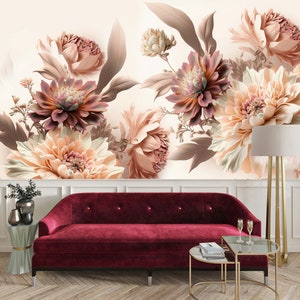 Papier peint floral doux, décoration murale vintage, décoration murale florale, papier peint floral, fleur de pivoine, amovible